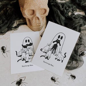 Niedliche Gruselige Halloween Geist Katzen Karte, Geburtstag druckbar für Katzenliebhaber, Geschenkidee für Tierliebhaber, Liebesgruß Karte für Paare
