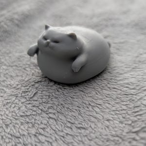 May include: A small, gray, 3D-printed cat figurine. The cat is in a relaxed pose, with its eyes closed and paws extended. The figurine is resting on a soft, gray, textured surface.