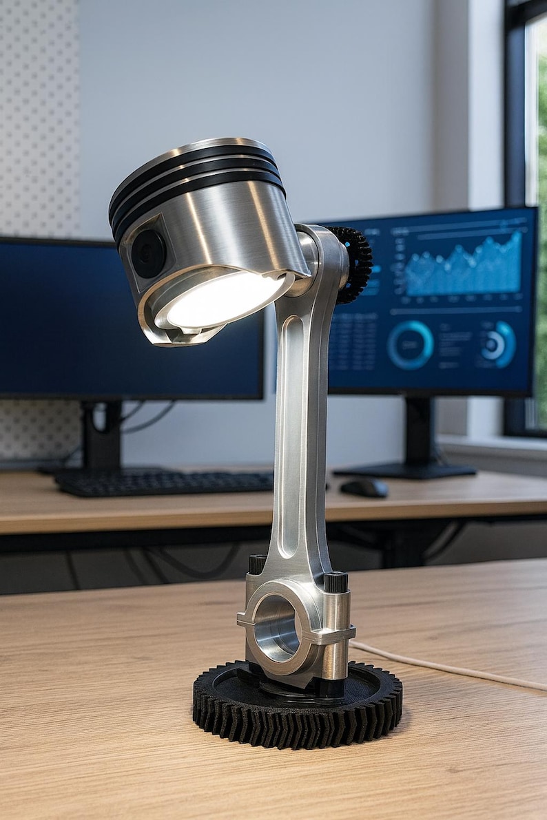 Lámpara de escritorio LED de pistón industrial • Base de engranajes Steampunk