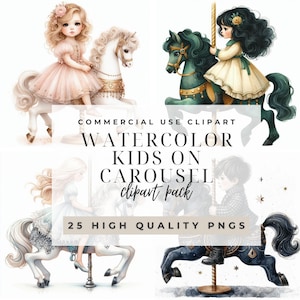 25 Cute Kids on Carousel , Watercolor, Clipart, Commercial Use, PNG, High Quality, Digital Download, Paper Crafting, Junk Journal