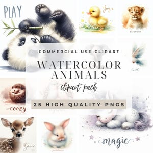 メッセージ付きの水彩動物 25 点、クリップアート、商用利用、PNG、高品質、デジタル ダウンロード、ペーパー クラフト、ジャンク ジャーナル