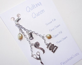 Fancy Scissor Fob - Quilting Queen - Purse  Charm - Zipper Pull - Freshwater Pearls, Gift for Sewer , - Quilter Gift - Sewing Accessory -