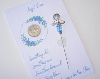 Angel Pin « Something Blue » - Épinglette bouquet de mariée - Cadeau pour la mariée - Angel Love - Lucky Sixpence pour sa chaussure - Angel Stick Pin - Corsage Pin