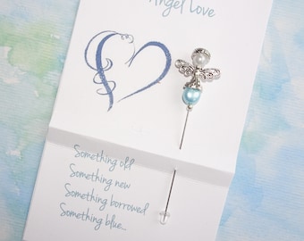 Something Blue for Bride - Angel Bouquet Pin - Gift for Bride - Freshwater Pearl - Corsage Pin - Bridal Guardian Angel - Angel Stick Pin