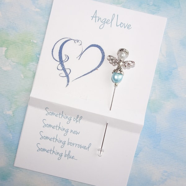 Something Blue for Bride - Angel Bouquet Pin - Gift for Bride - Freshwater Pearl - Corsage Pin - Bridal Guardian Angel - Angel Stick Pin