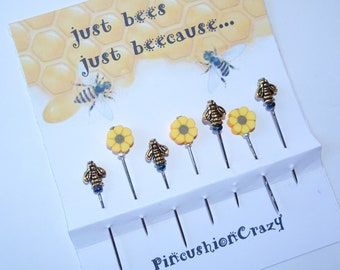 Counting pins - sunflowers & bees - quilting or sewing - beekeeper gift - cross stitch pins - retreat or girlfriend gift - quilting bees