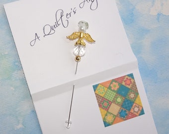 Quilters Angel - Goldtone Crystal Angel Pin for Quilters, Sewers, stitchers, or anyone who loves angels - Retreat Gift - Counting Pin