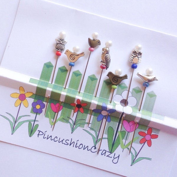 Vogel Pins - 7 Eulen Pins - Dekorative Nähnadeln - Nähzubehör - Geschenk für Quilter - Nadelkissen Freunde - Karten machen