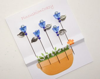 Épingles à tulipes printanières - Bleu - Cadeau pour Quilter Gardener - Épingles à coudre décoratives - Épingles droites fantaisie - Accessoire de couture - Épingles à coudre perlées