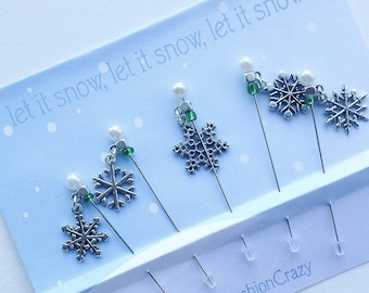 Decorative Sewing Pins - Let it Snow - Snowflake - Winter Stick Pins - Pincushion Pins - Embellishment  Pins - Quilter Gift Exchange