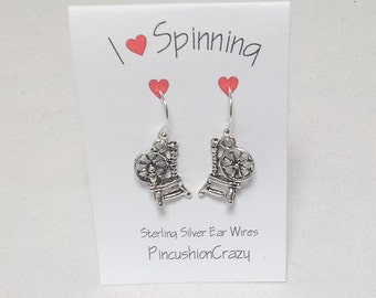 I love Spinning - Spinning Wheel Earrings - Hand Spinner Gift - Sterling Silver Ear Wires - Dangle Earrings - Sewing Gift - Girlfriend Gift