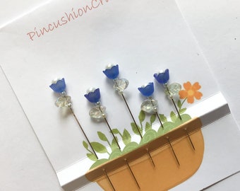 Blue Tulip Pins - Gift for Quilter - Flower Power - Decorative Sewing Pins - Fancy Straight Pins - Sewing Accessory - Beaded Sewing Pins