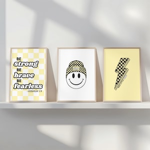Christian Boys Room Wall Art Set of 3 - Checkered Digital Prints | Bible Verse Kids Room Decor | Yellow & Black | 8x10 | 11x14 | 16x20