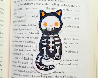 Halloween Skeleton Cat Sticker: Holographic Fall Decor