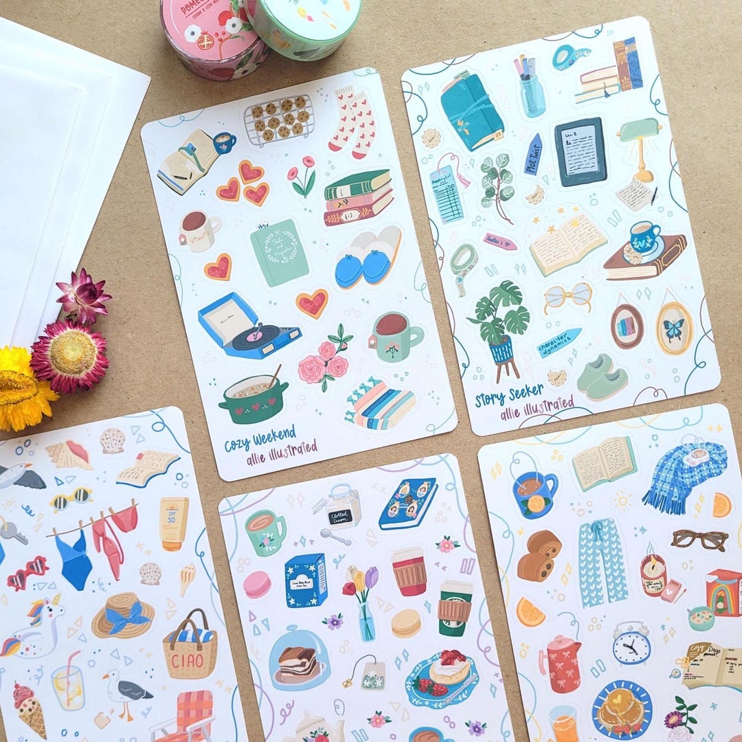 Hand Drawn Sticker Bundle, Illustrated Planner Stickers, 4 Matte Sheets ...
