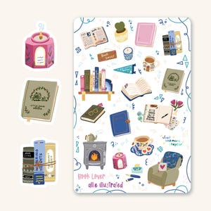 May include: A sticker sheet featuring illustrations of books, candles, a teacup, and a cozy armchair. The words "Book Lover" and "Just one more chapter" are also included in the design. The illustrations are in a whimsical style.