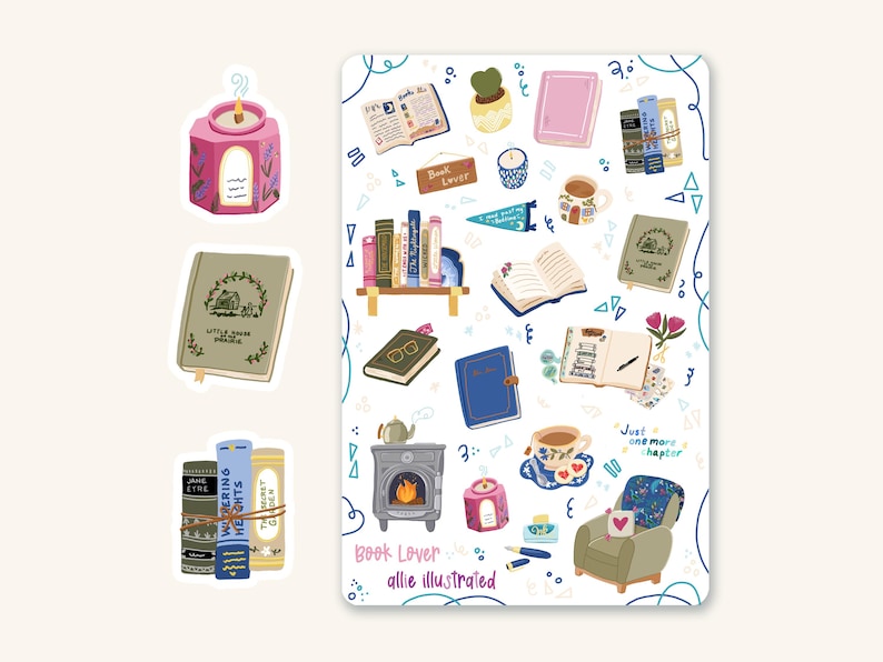 May include: A sticker sheet featuring illustrations of books, candles, a teacup, and a cozy armchair. The words "Book Lover" and "Just one more chapter" are also included in the design. The illustrations are in a whimsical style.