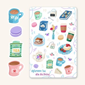 May include: A sheet of stickers featuring various illustrations of tea time treats, including teacups, teapots, macarons, cake, and a tea tin. The stickers are on a white background with a light blue border and the text "Afternoon Tea Allie Illustrated".
