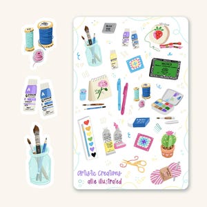 May include: A sticker sheet featuring various art and craft supplies. Includes paint tubes, paintbrushes, spools of thread, a watercolor palette, scissors, and a cactus. The text "artistic creations" and "allie illustrated" are also present.
