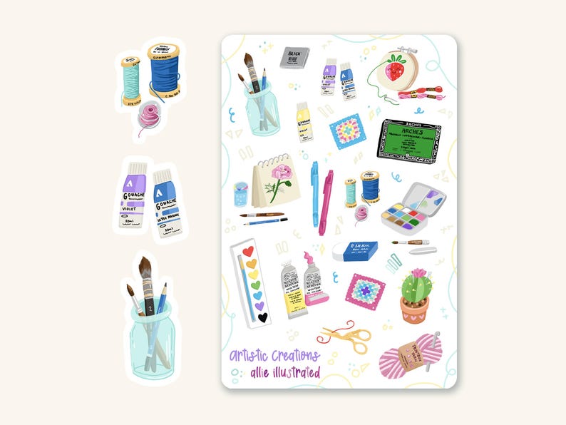 May include: A sticker sheet featuring various art and craft supplies. Includes paint tubes, paintbrushes, spools of thread, a watercolor palette, scissors, and a cactus. The text "artistic creations" and "allie illustrated" are also present.