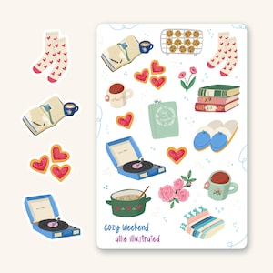Cozy Weekend Sticker Sheet, cottage core stickers, bullet journal stickers, scrapbook stickers, tiny stickers, lazy day stickers