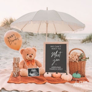 Fall Pregnancy Announcement Digital, Autumn Pumpkin Gender Neutral Baby Announcement, Teddy Bear Social Media Baby Reveal Template, 521