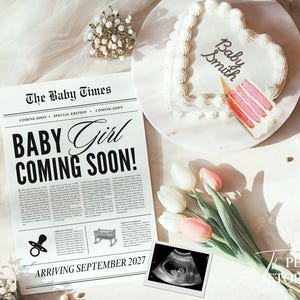 Newspaper Pregnancy Announcement Digital, Vintage Cake Gender Neutral Baby Announcement, Spring Tulip Social Media Baby Reveal Template, 513