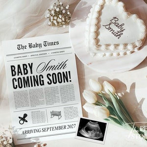 Newspaper Pregnancy Announcement Digital, Vintage Cake Gender Neutral Baby Announcement, Spring Tulip Social Media Baby Reveal Template, 513
