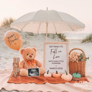 Fall Pregnancy Announcement Digital, Teddy Bear Social Media Baby Reveal Template, Autumn Pumpkin Gender Neutral Baby Announcement, 519