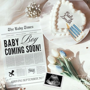 Newspaper Pregnancy Announcement Digital, Vintage Cake Gender Neutral Baby Announcement, Spring Tulip Social Media Baby Reveal Template, 513
