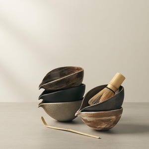 Japanese Matcha Tea Set: Wabi-Sabi Ceramic Chawan Bowl with Bamboo Whisk, Scoop & Holder for Traditional Matcha Ceremony or Zen Tea Ritual