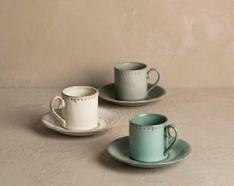 Espresso Cup & Saucer Set: Japanese Retro Ceramic Espresso Cup, 75ml Stoneware Demitasse, Wabi Sabi Coffee Cup, Minimalist Coffee Set