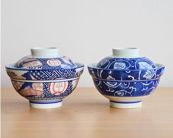 Japanese Bowl Set with Lid: Ceramic Donburi Soup Bowl with Chopsticks & Spoon, Vintage Pattern Ramen Bowl Gift