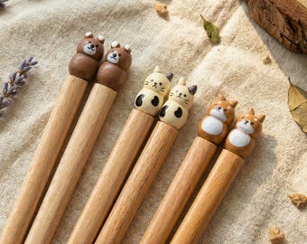 Wooden Chopsticks: Cute Animal Wooden Chopsticks Set, Bear Cat Shiba Design, Japanese Style Reusable Chopsticks