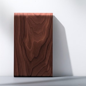 Peut inclure: Une planche &agrave; d&eacute;couper rectangulaire en bois brun fonc&eacute; avec un motif de grain riche. La planche est debout contre un mur blanc, projetant une ombre. Le bois a une teinte brun-rouge&acirc;tre chaude.