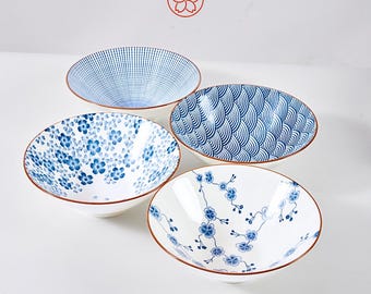 Large Ceramic Ramen Bowl, Vintage Ramen Bowl, White Japanese Noodle Bowl Set of 4, Serving Bowl, Salad Bowl, Asian Rice and Soup Bowl