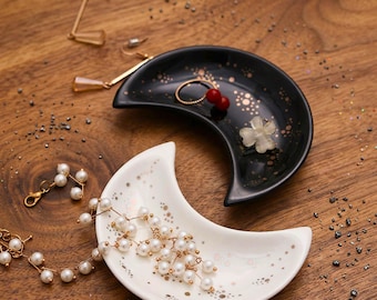 Moon Trinket Dish: Ceramic Crescent Jewelry Dish, Ring Holder Tray, Celestial Jewelry Organizer, Japandi Decor