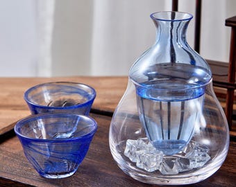 Glass Sake Set: Blue Japanese Tokkuri Carafe & Cups, Modern Sake Gift Set, Cold Hot Sake Barware