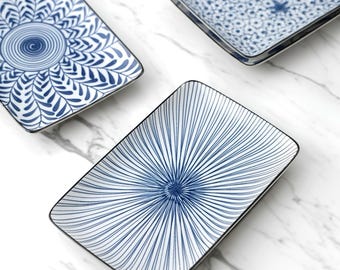Japanse keramische sushibordenset, bordenset van 2, 4, 8, blauw witte rechthoekige schaal, sushiservies, gemaakt in Japan, cadeau voor fijnproever