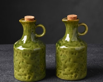 Japanese Ceramic Oil Bottle: Green Glazed Soy Sauce Dispenser, Olive Oil Cruet, Vinegar Bottle, Rustic Kitchen Decor