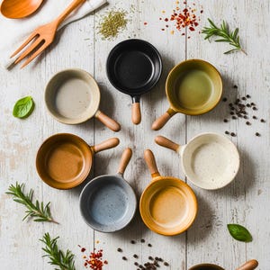 Puede incluir: Un conjunto de pequeñas sartenes de cerámica de colores con mangos de madera, dispuestas en círculo. Los colores incluyen negro, verde, beige y azul. En el fondo se ven utensilios de madera y especias.