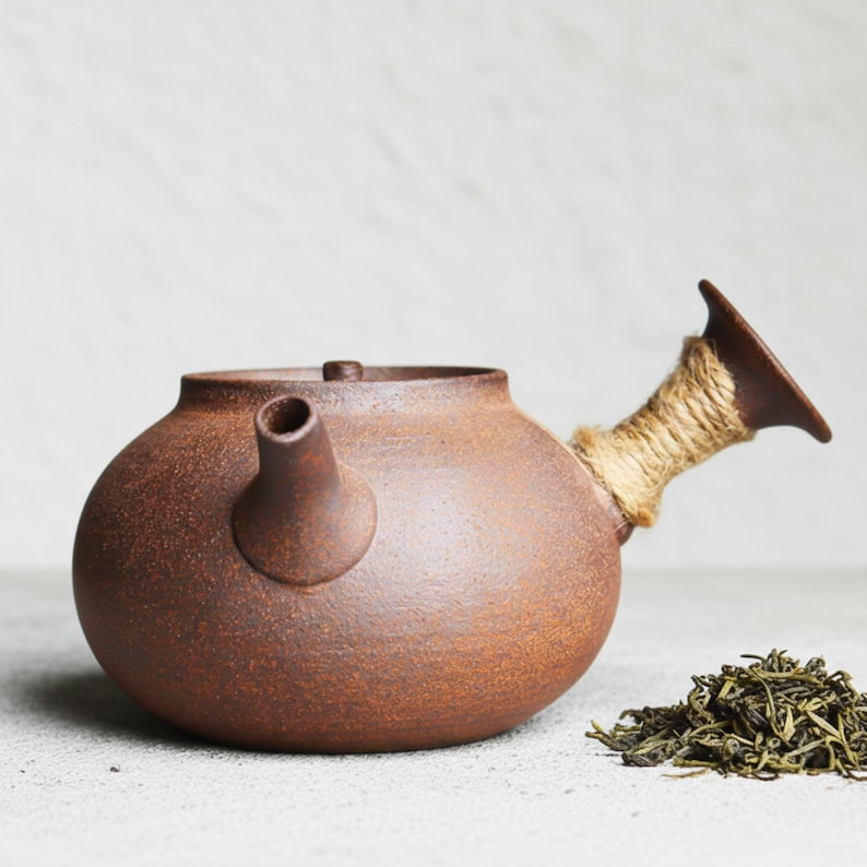 May include: A brown ceramic teapot with a unique design. The handle is wrapped with natural twine. A small pile of green tea leaves sits beside the teapot. The teapot has a spout and a lid.