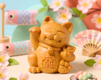 Lucky Cat Figurine: Wooden Maneki Neko Statue, Japanese Fortune Ornament, Zen Shelf Accent, Kawaii Miniature