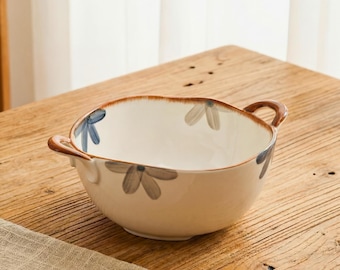 Japanese Ramen Bowl with Handles: Wabi Sabi Ceramic Noodle Bowl, Large Rustic Soup Bowl, Floral Donburi Style