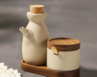 Condiment Set Ceramic: Japanese Wabi Sabi Olive Oil Dispenser & Spice Jar Set with Tray Minimalist Kitchen Decor