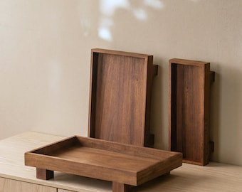 Wooden Tray: Walnut Wood Organizer Tray for Bathroom Kitchen Counter Coffee Table Display Japanese Wabi Sabi Decor