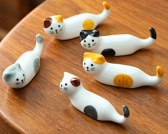 Ceramic Chopstick Rest: Cute Cat Chopstick Holder, Japanese Zakka Style Cat Figurine, Ceramic Hashioki Pen Holder