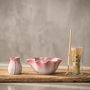 Matcha Bowl Set: Lotus Leaf Ceramic Matcha Whisk Set with Chasen Holder and Pouring Bowl, Japanese Tea Ceremony Gift
