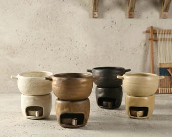 Fondue Set: Japanese Donabe Style Ceramic Chocolate Pot with Candle Warmer, Mini Cheese Fondue Pot, Soup Bowl, Soup Pot, One Person Hot Pot