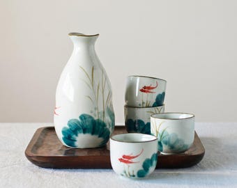 Japanese Sake Set: Hand Painted Koi Tokkuri & Ochoko Cups Ceramic Gift Set, Minimalist Asian Drinkware